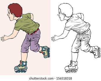 Vector illustration, kid on roller skates, coloring drawing, cartoon concept.