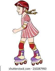 Vector Illustration, Kid On Roller Skates, Cartoon Concept, White Background.