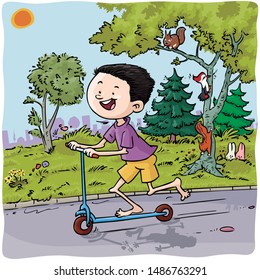 Ilustración vectorial, niño en scooter, concepto de caricatura.