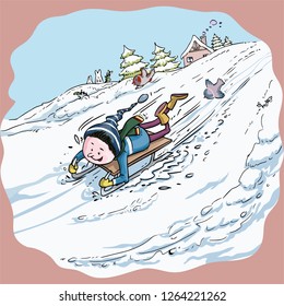 Vector illustration, kid on sleigh, cartoon concept.