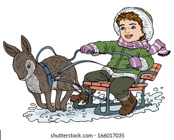 Vector illustration, kid on a sleigh pulled by rabbit, cartoon concept, white background.