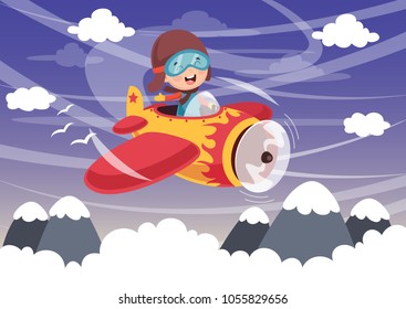 Vector Illustration Of Kid Operating Plane