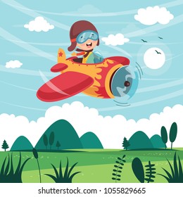 Vector Illustration Of Kid Operating Plane