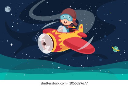 Vector Illustration Of Kid Operating Plane