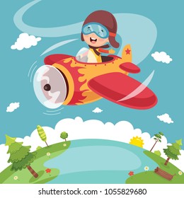 Vector Illustration Of Kid Operating Plane