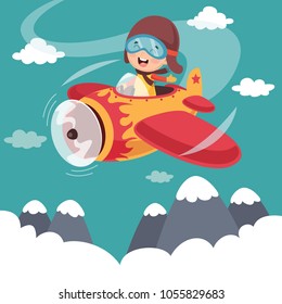 Vector Illustration Of Kid Operating Plane