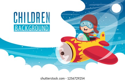 Vector Illustration Of Kid Operating Plane