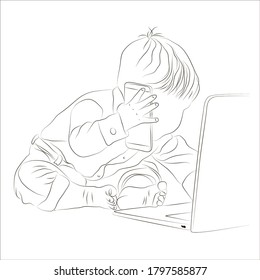 Imagen vectorial de un niño con un teléfono detrás de una laptop. Esbozo de un niño sentado con gadgets. Imagen aislada de un niño jugando.
