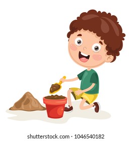 Vector Illustration Of Kid Planting