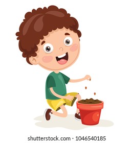 Vector Illustration Of Kid Planting
