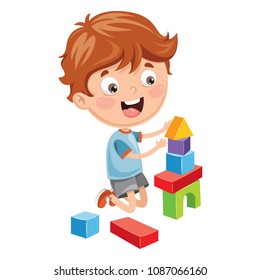 Vector Illustration Of Kid Playing With Building Blocks