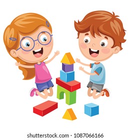 Vector Illustration Of Kid Playing With Building Blocks