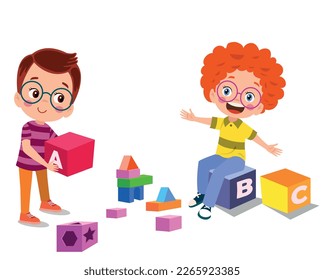 Vector Illustration Of Kid Playing With Building Blocks