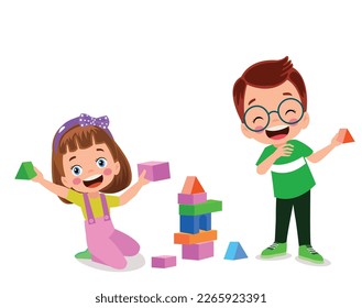 Vector Illustration Of Kid Playing With Building Blocks