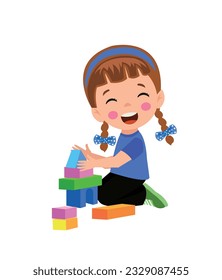 Vector Illustration Of Kid Playing With Building Blocks