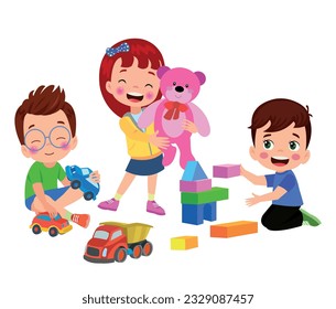 Vector Illustration Of Kid Playing With Building Blocks
