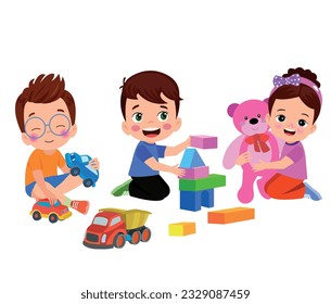 Vector Illustration Of Kid Playing With Building Blocks