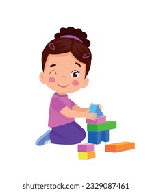 Vector Illustration Of Kid Playing With Building Blocks