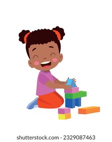 Vector Illustration Of Kid Playing With Building Blocks