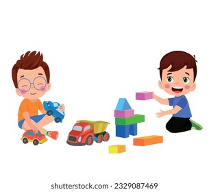 Vector Illustration Of Kid Playing With Building Blocks