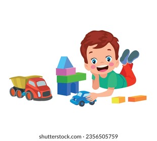 Vector Illustration Of Kid Playing With Building Blocks