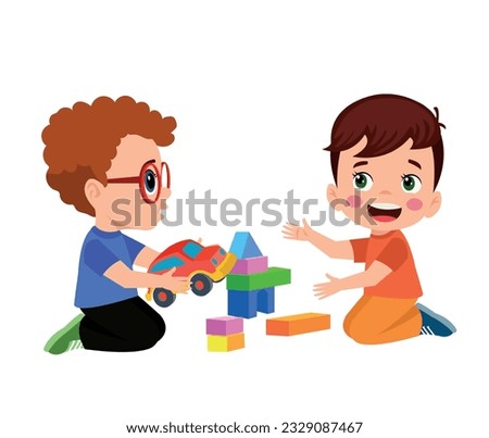 Vector Illustration Of Kid Playing With Building Blocks