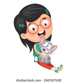 Vector Illustration Of Kid Playing With Cat