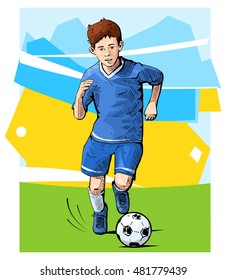 Vector illustration of a kid playing football. Beautiful sport themed poster. Boy running with the ball. Summer sports, healthy lifestyle, soccer youth league.