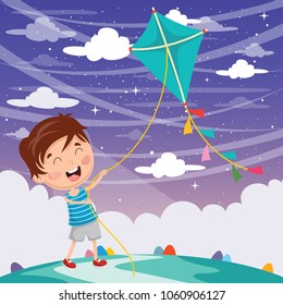 Vector Illustration Of Kid Playing Kite