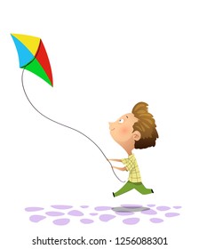 Vector Illustration Of Kid Playing Kite. Cartoon