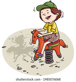 Ilustración vectorial, niño jugando en un caballo de juguete, concepto de dibujos animados.