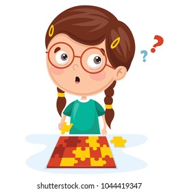 Vector Illustration Of Kid Playing Puzzle