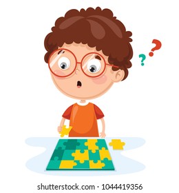 Vector Illustration Of Kid Playing Puzzle