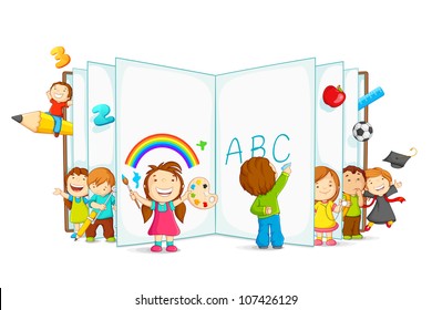 vector illustration of kid playing and reading with open book