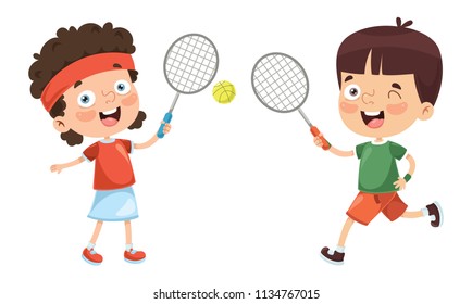 Vector Illustration Of Kid Playing Tennis	