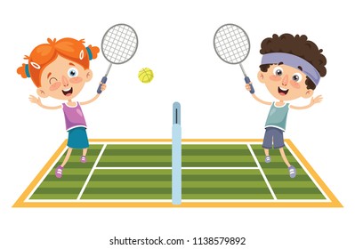 Vector Illustration Of Kid Playing Tennis