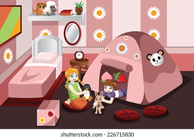 A vector illustration of kid playing in a tent inside the bedroom