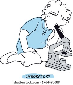vector illustration kid plays a role in the laboratory, studies cells and microorganisms in a microscope