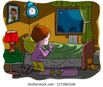 Vector illustration, kid praying at bedtime, cartoon concept.