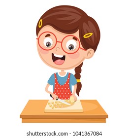 Vector Illustration Of Kid Preparing Meal