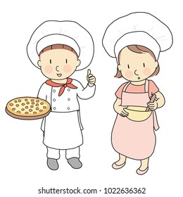 Vector illustration of kid professions, pizza chef & cook. What I want to be when grow up. Children occupations costume. Childhood development, education & learning concept. Cartoon character drawing.