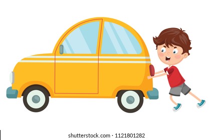 Vector Illustration Of Kid Pushing Car