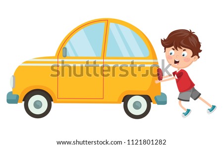 Vector Illustration Of Kid Pushing Car