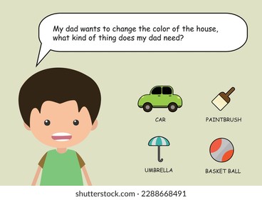 Vector illustration of kid question game. Contains a picture of a child asking a question and can be answered by selecting one of the pictures. perfect for elementary school, kindergarten and games