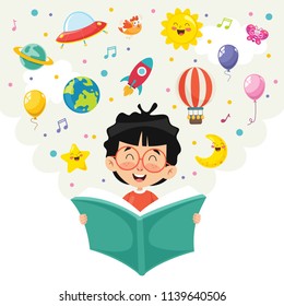 Vector Illustration Of Kid Reading Book	