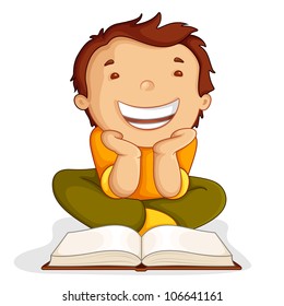 vector illustration of kid reading open book sitting on floor