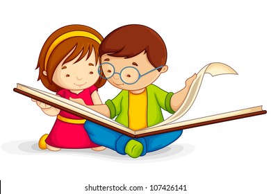 vector illustration of kid reading open book sitting on floor