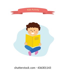 Vector illustration of kid reading open book sitting on floor. Illustration of Happy boy sitting while reading book. Reading Kid: Little Boy, reading a book over white background.