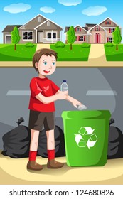 A vector illustration of a kid recycles a bottle into a recycling bin