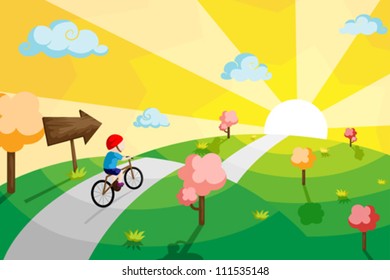 A vector illustration of a kid riding a bicycle in a countryside